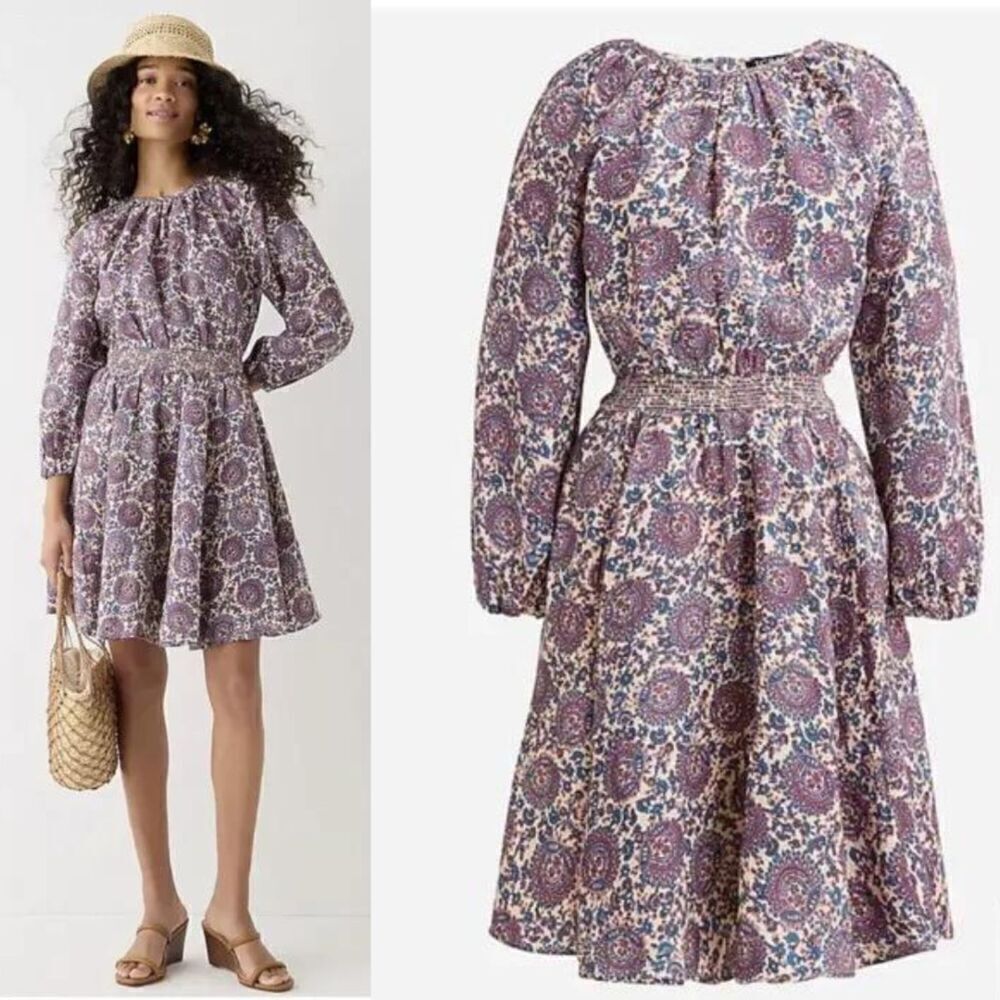 J.Crew Womens Size L Palermo Floral Bouquet Linen Smocked Mini Fit & Flare Dress